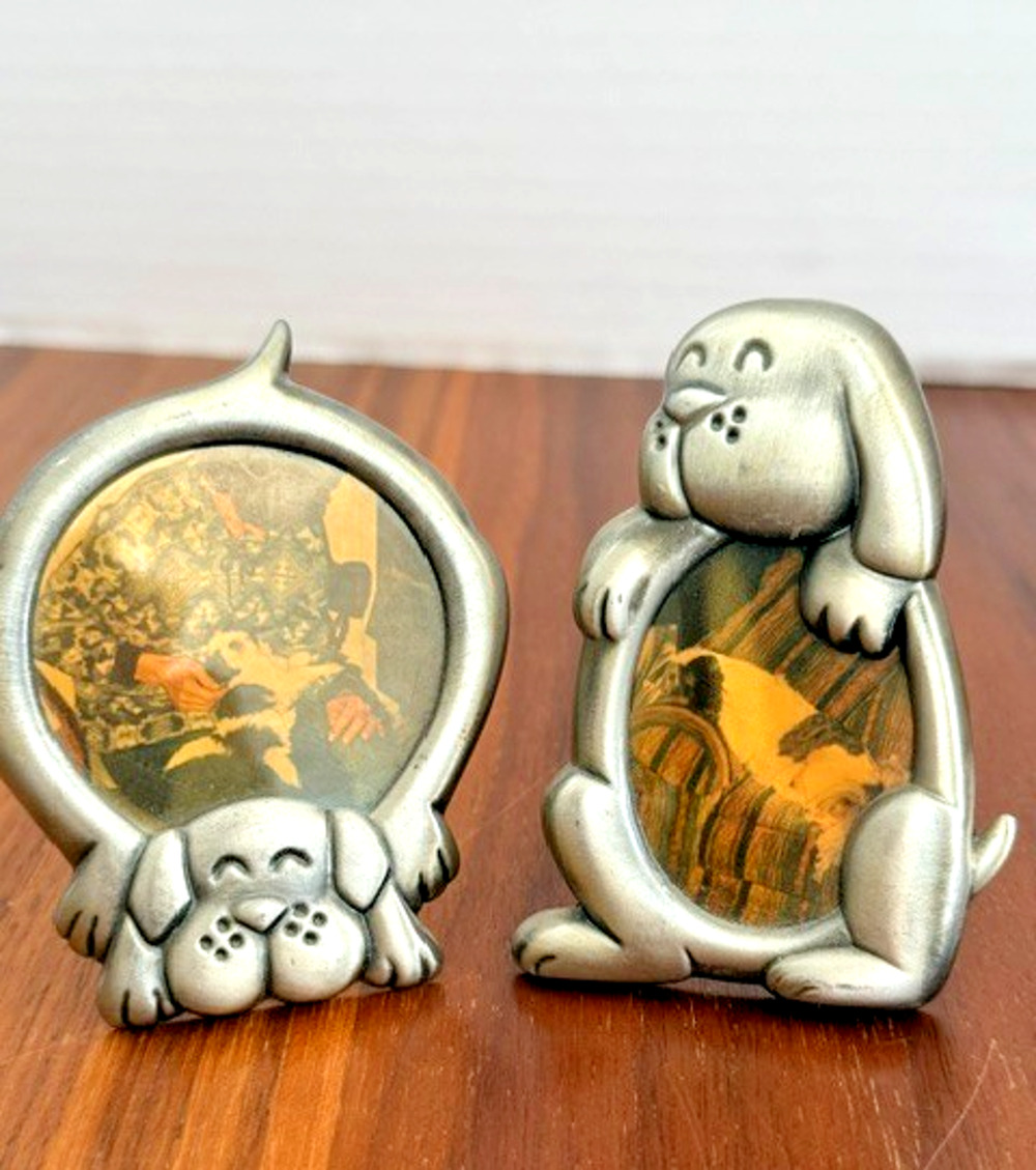 2 VINTAGE PEWTER TYPE SMALL DOGS PUPPY CUTE STANDING PICTURE FRAMES